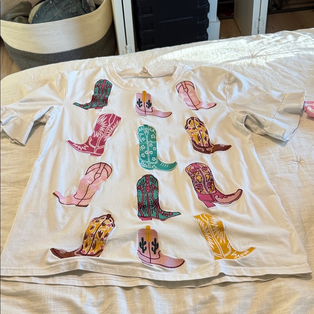 White T-Shirt with Colorful Boot Print